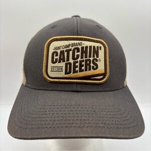 Catchin Deers Hunt Camp Brand Patch Trucker Hat Charcoal/Tan Mesh Outdoor OSFM